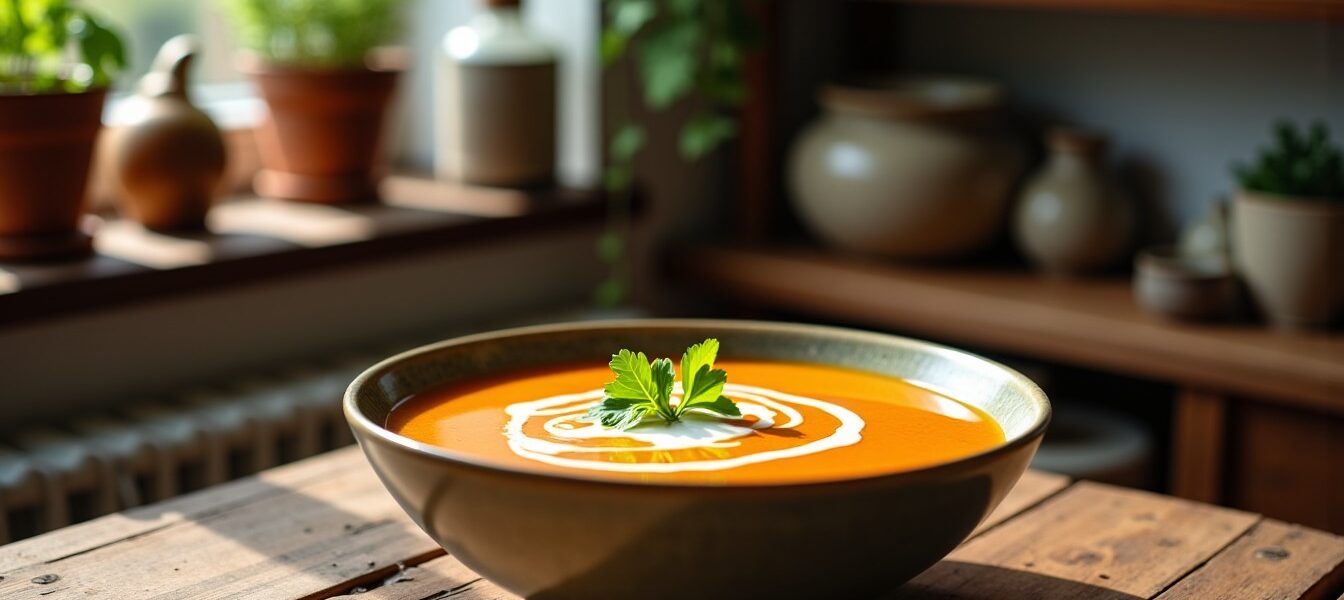 Délice onctueux : velouté de patates douces et carottes sublimé par un nuage de lait de coco