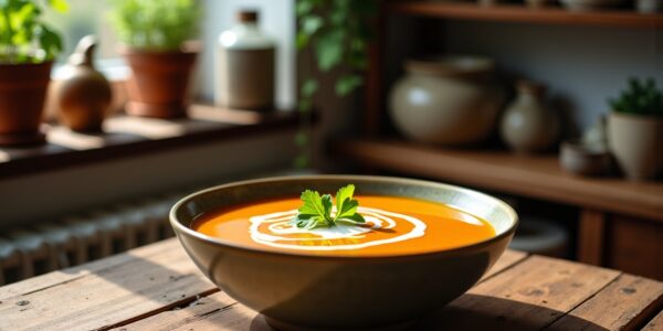 Délice onctueux : velouté de patates douces et carottes sublimé par un nuage de lait de coco