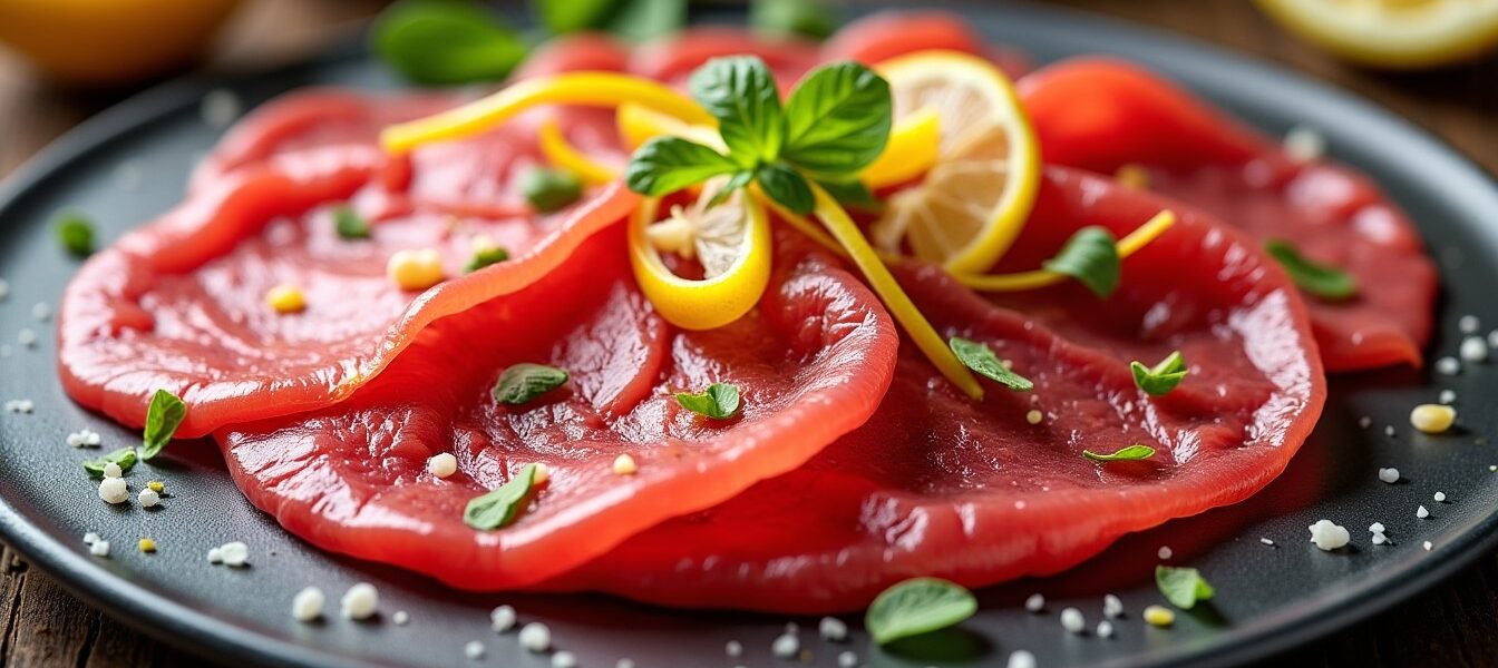 Carpaccio de bresaola : fines tranches délicates, zestes de citron et éclats de parmesan