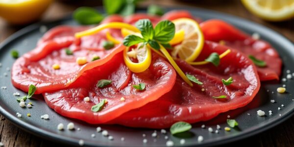 Carpaccio de bresaola : fines tranches délicates, zestes de citron et éclats de parmesan