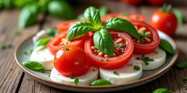 Salade Caprese : la fraîcheur italienne avec tomate, mozzarella et basilic