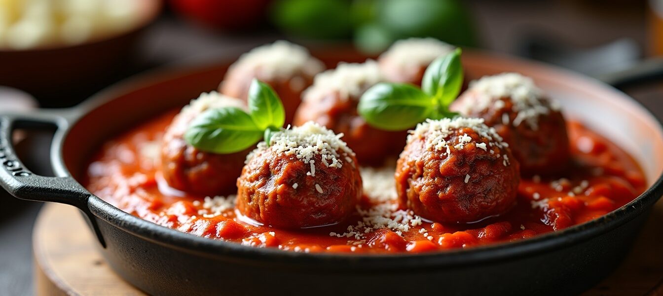 Délices italiens : boulettes de bœuf savoureuses nappées de sauce tomate et parmesan fondant
