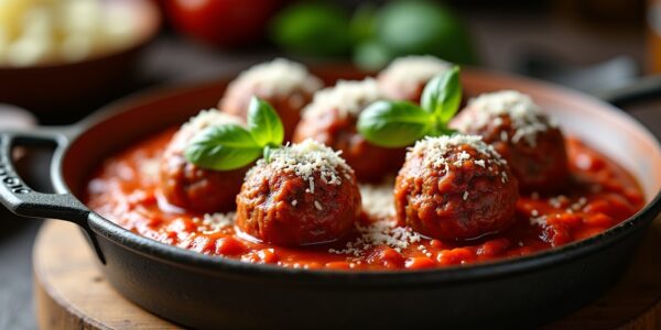 Délices italiens : boulettes de bœuf savoureuses nappées de sauce tomate et parmesan fondant