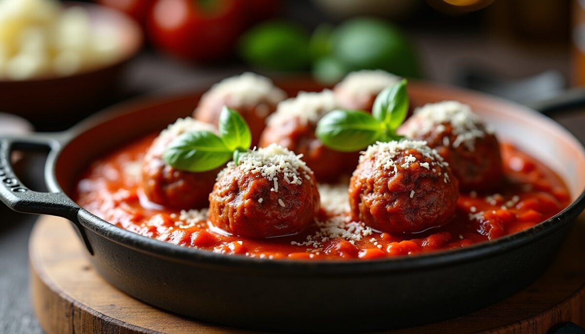 Délices italiens : boulettes de bœuf savoureuses nappées de sauce tomate et parmesan fondant